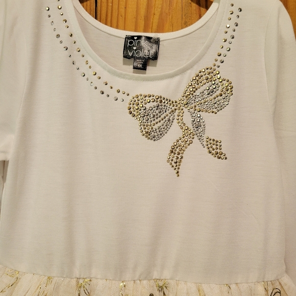 White and Gold Long Sleeve Dress with Bow Design - Picture 3 of 5